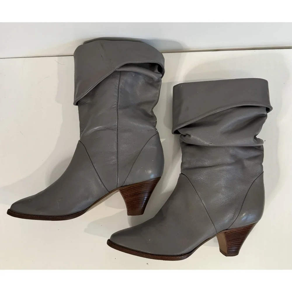 Vintage Gray Leather Slouch Fold Over Mid Calf Boots Pointed Toe Women's 7.5